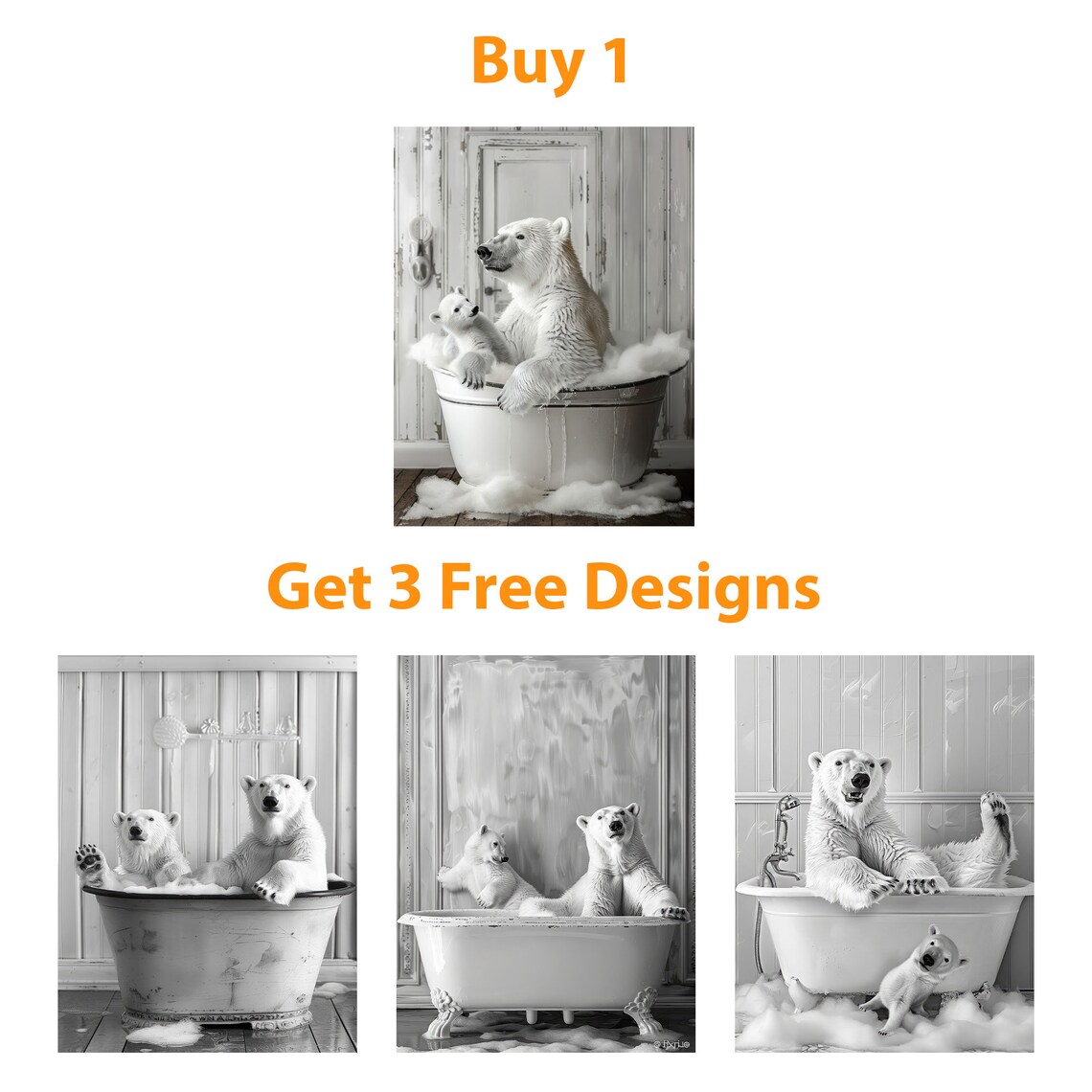 Polar Bears in Tub Bathroom Art Print, Black and White - Image 6