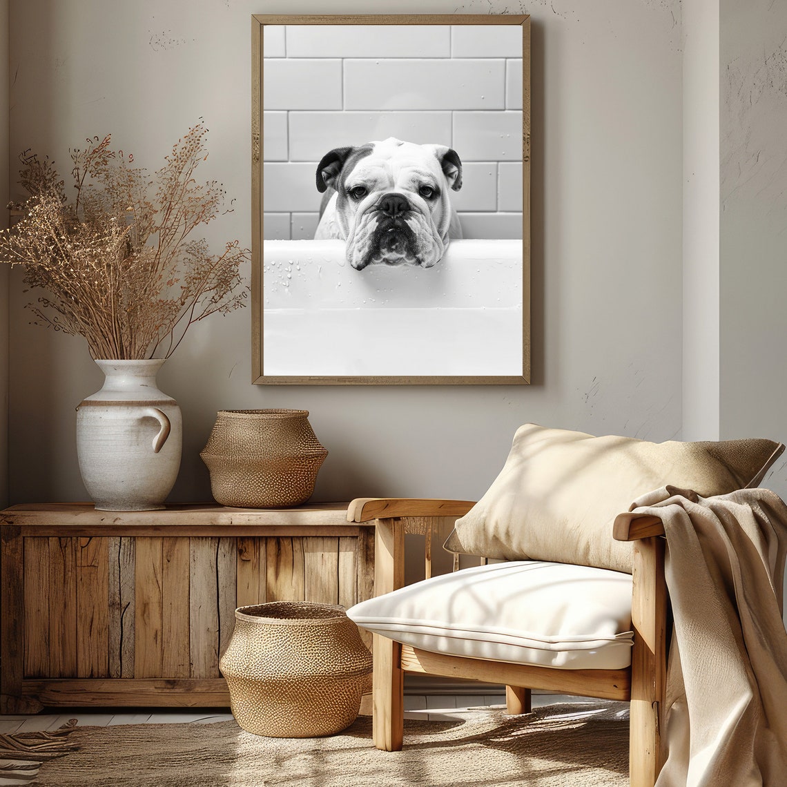 English Bulldog Resting Chin On Bathtub Black White Dog Poster - Image 2