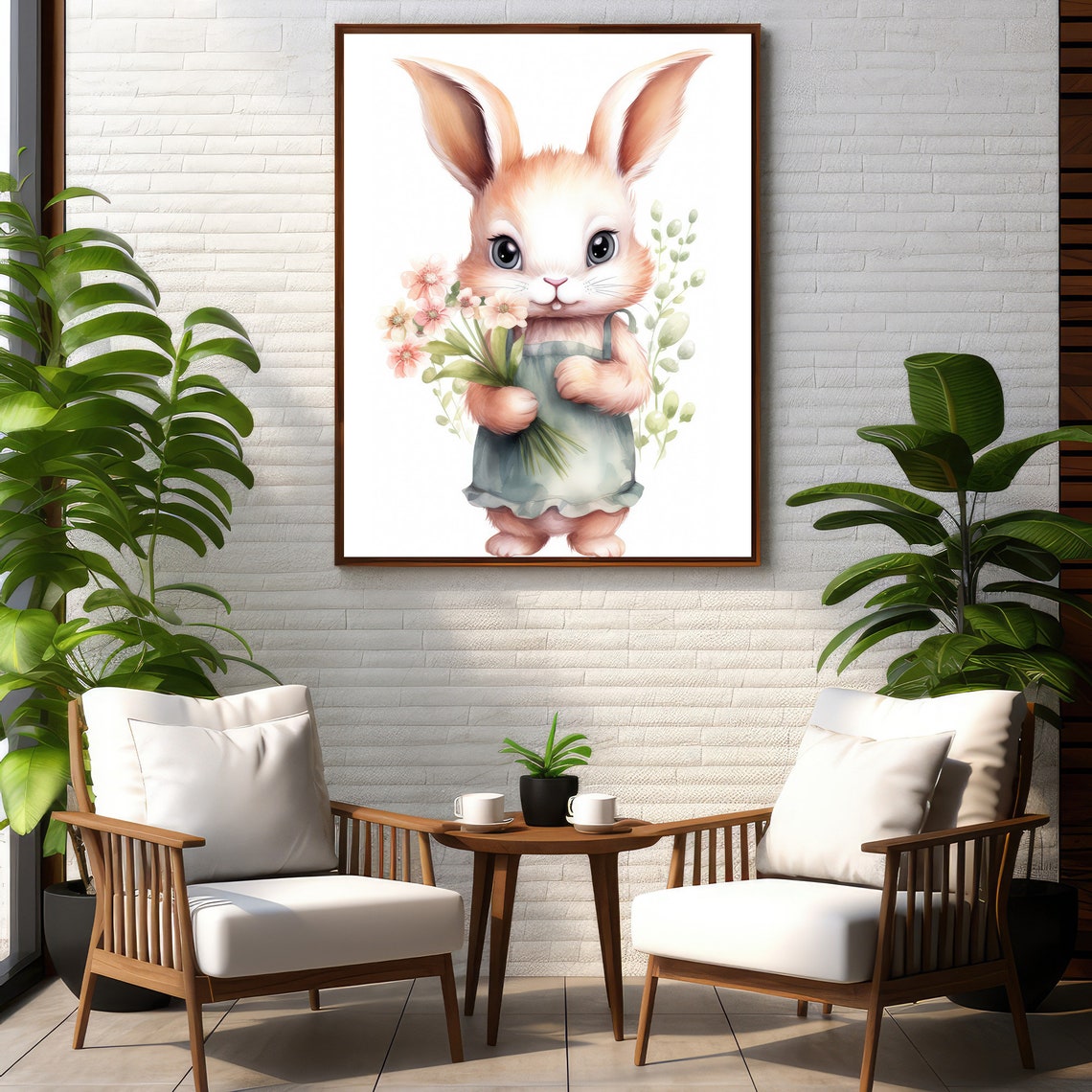 Bunny Holding Flowers Watercolor Painting Nursery Rabbit Baby Wall Art - Image 2