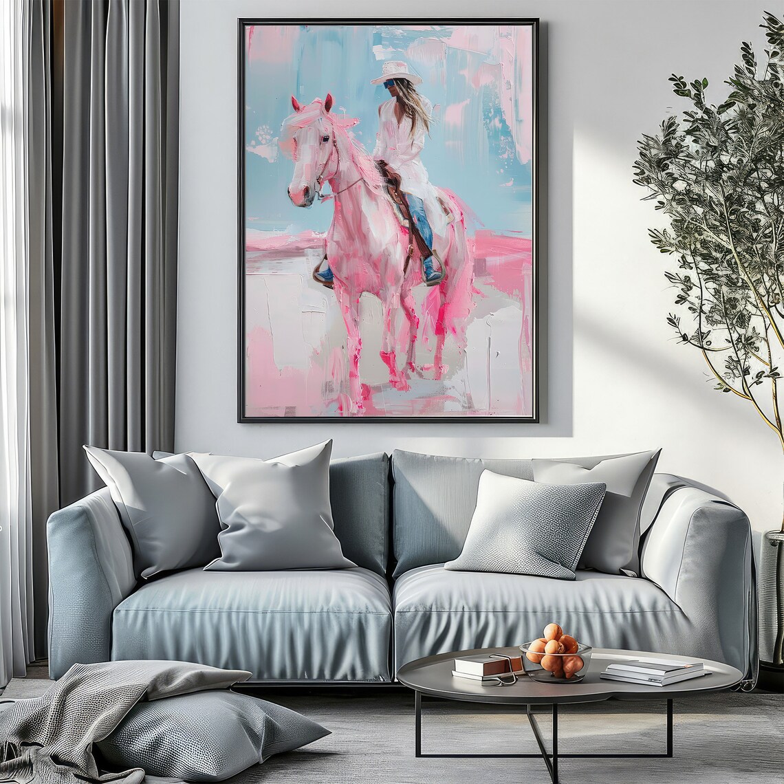 Coastal Cowgirl Riding Pink Horse Pastel Western Painting Poster - Image 3