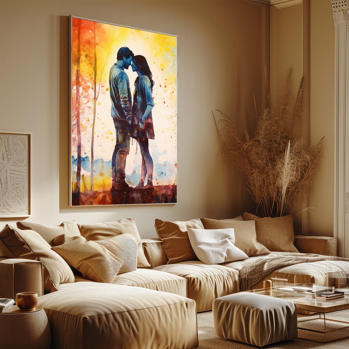 Romantic Couple Embrace Watercolor Autumn Forest Love Poster - Image 2
