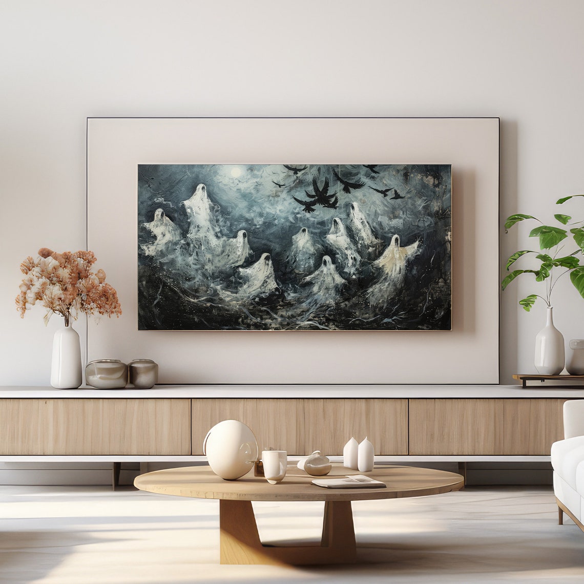 Haunted Floating Ghosts Under Full Moon With Black Crows Poster - Image 4
