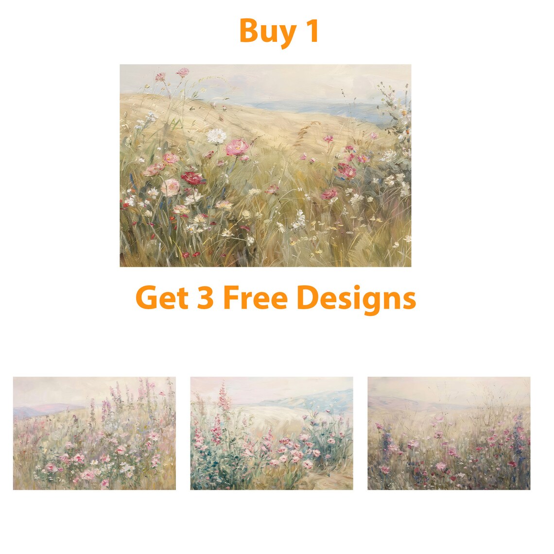 Soft Wildflower Meadow Painting Pink Blossoms Golden Field Poster - Image 5