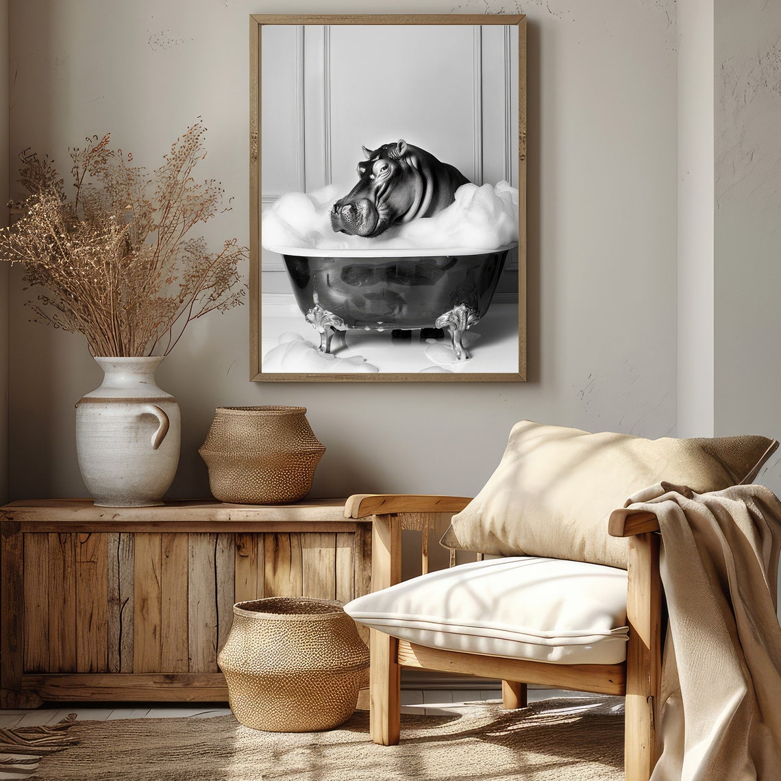 Happy Hippo Relaxing In Bubble Bath Black And White Funny Poster - Image 3