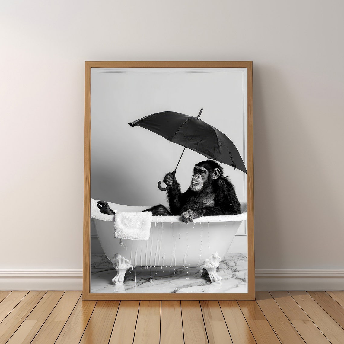 Funny Chimpanzee With Umbrella In Bathtub Black And White Poster - Image 5