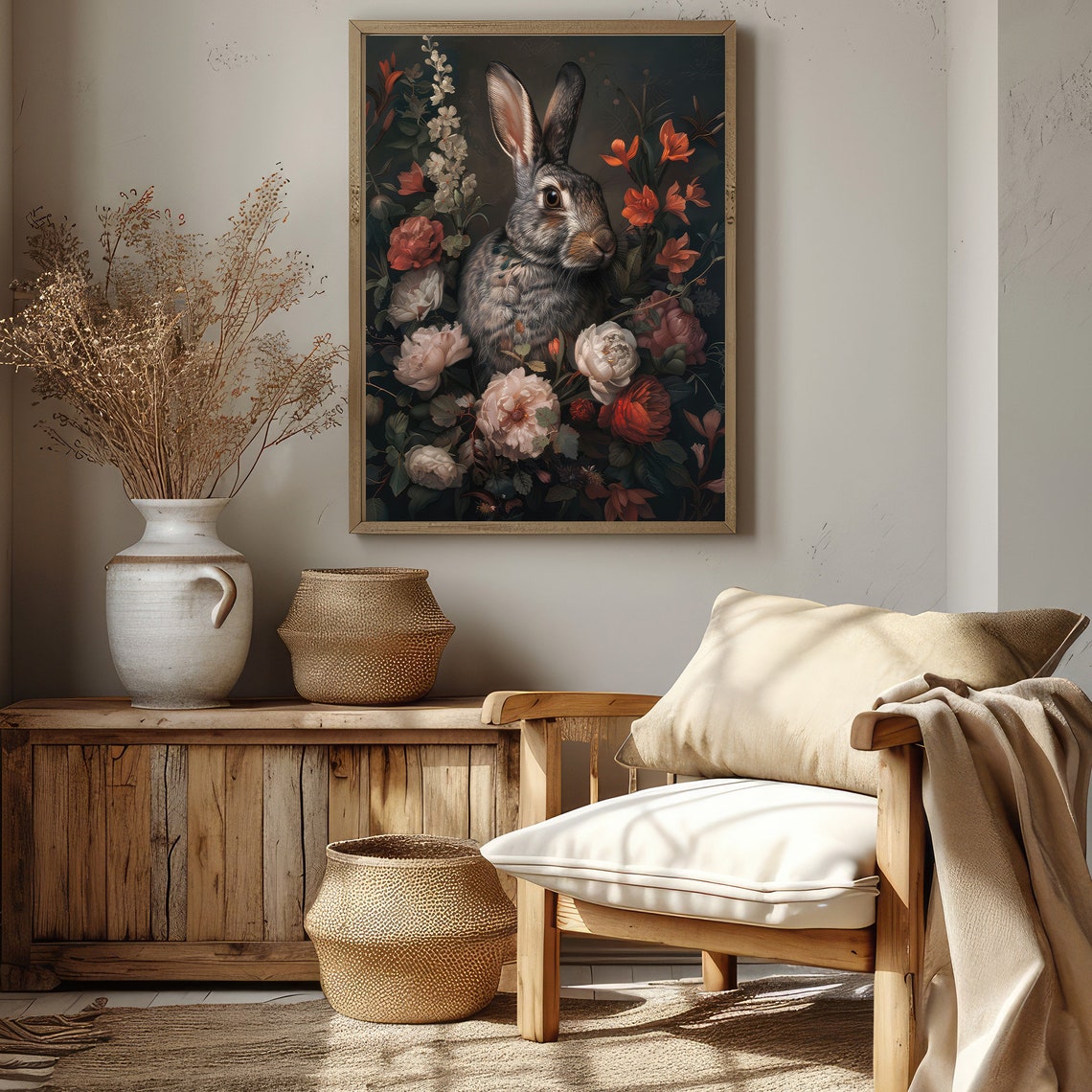Elegant Rabbit Portrait Among Flowers Dark Botanical Art Poster - Image 4