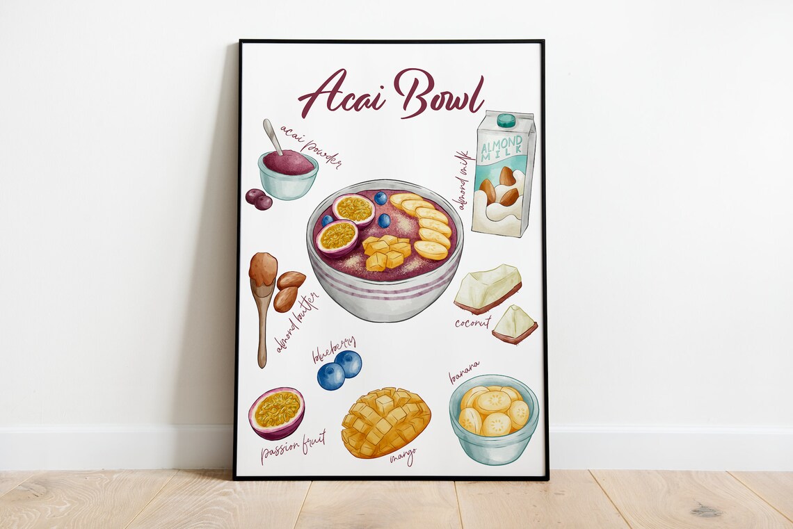 Acai Bowl Watercolor Recipe Ingredients Illustrated Kitchen Poster