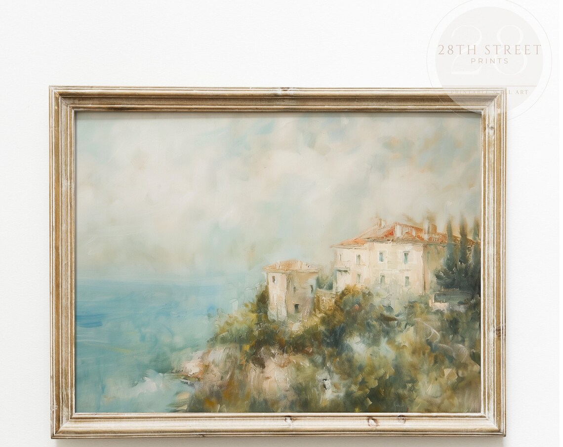 Coastal Villa Cliff Turquoise Sea Mediterranean Vintage Oil Painting Poster