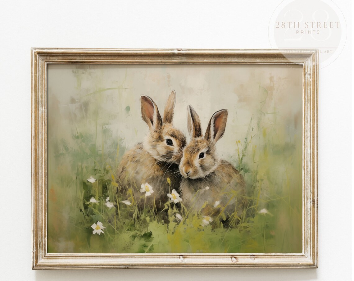 Two Bunnies Spring Grass Daisies Cute Vintage Easter Bunny Painting Poster