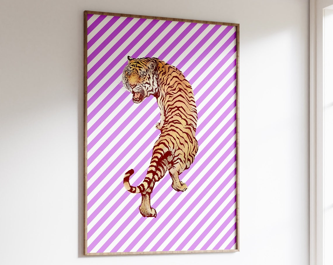 Retro Tiger Print Eclectic Vintage Stripes Wild Modern Style 60s 70s Pattern Bold Bohemian Poster Funky Groovy Art Decor