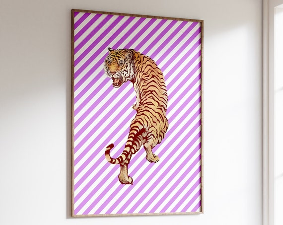 Retro Tiger Print Eclectic Vintage Stripes Wild Modern Style 60s 70s Pattern Bold Bohemian Poster Funky Groovy Art Decor
