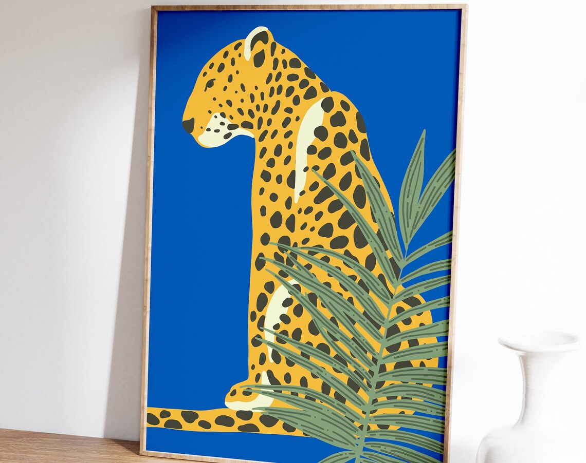 Blue Retro Leopard Print Boho Animal Art Print