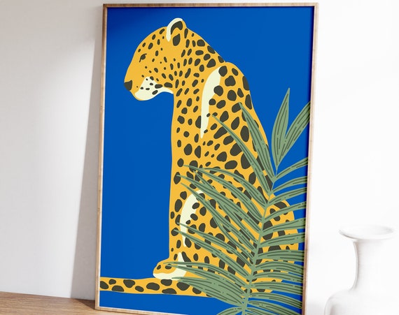 Blue Retro Leopard Print Boho Animal Art Print