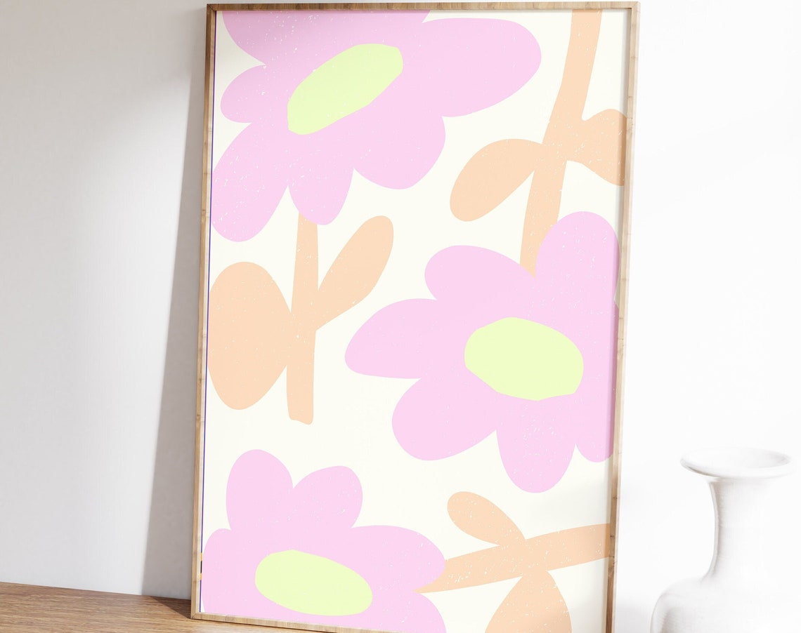 Pastel Pink Floral Abstract Retro Groovy Daisy Pattern Art Poster