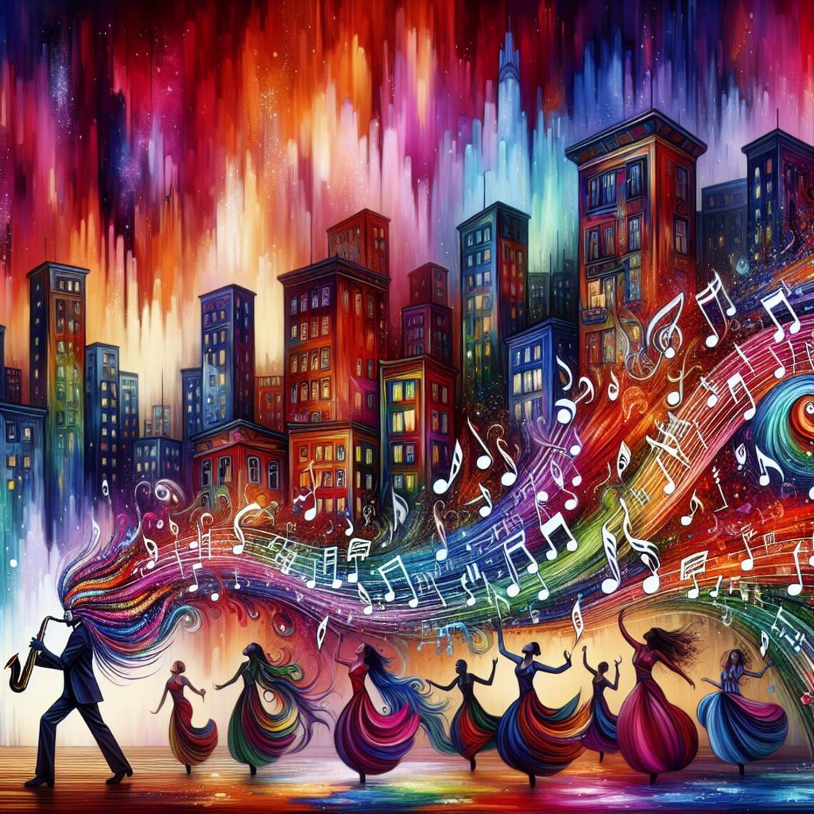 Surreal Rainbow Cityscape Saxophonist Musical Notes Art Poster
