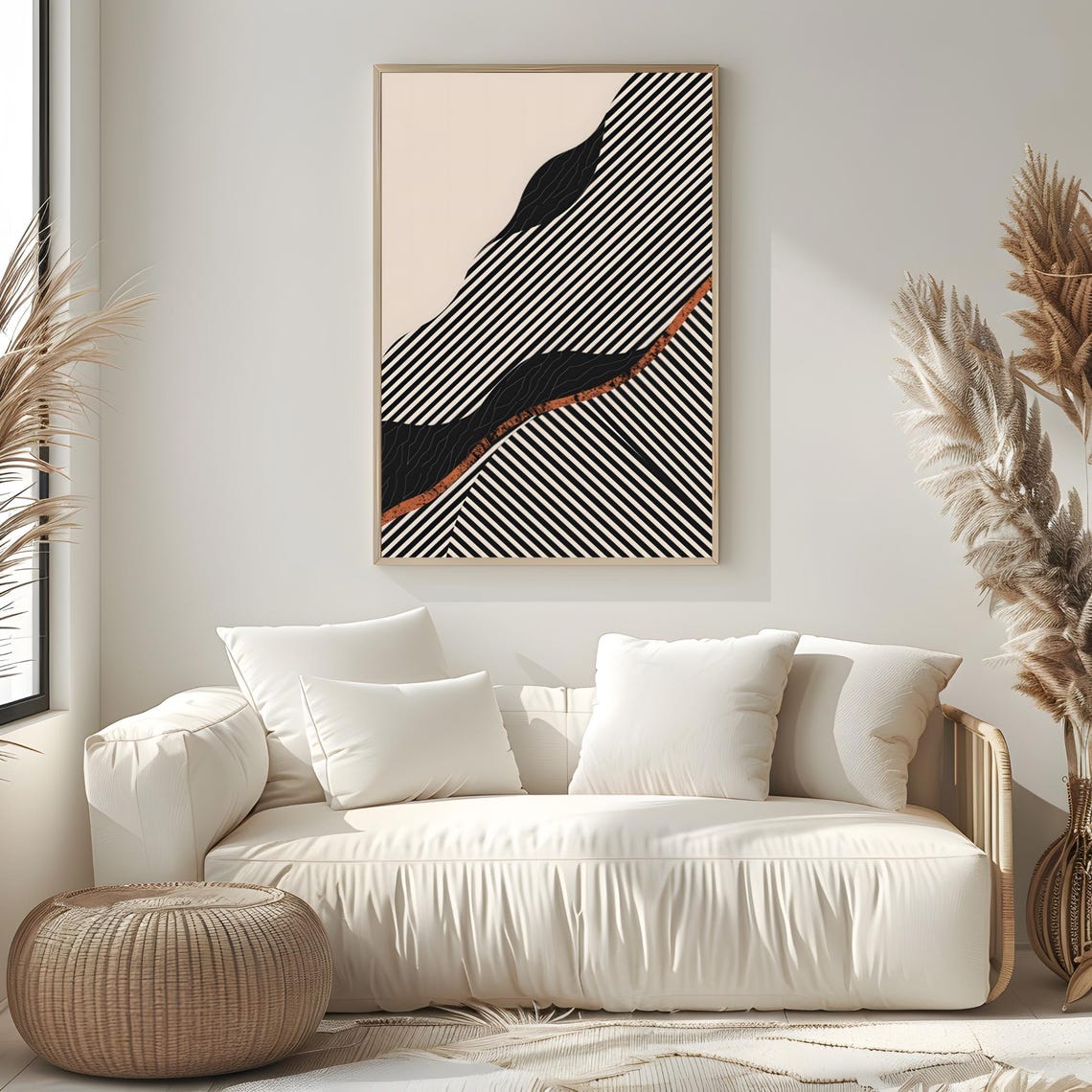 Mid Century Modern Black Stripe Wave Rust Edge Beige Art Poster - Image 2