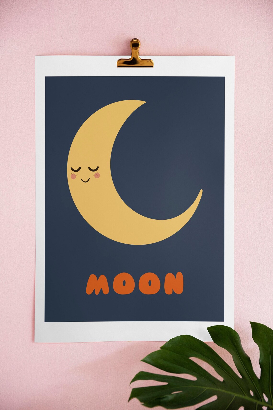 Smiling Crescent Moon Cute Navy Orange Kids Night Sky Poster - Image 2