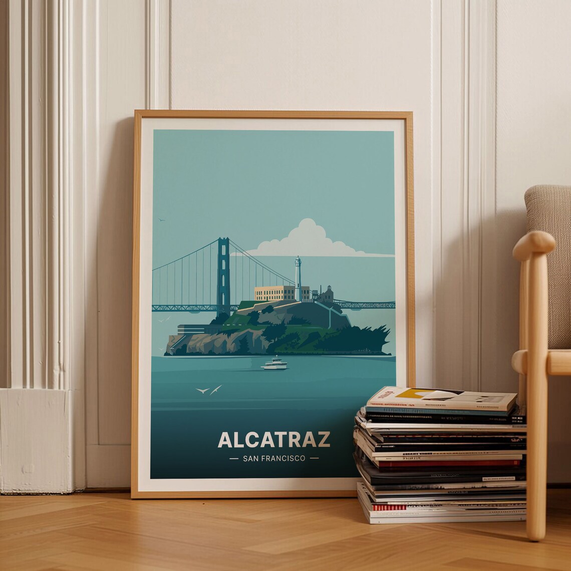 San Francisco Travel Poster, Alcatraz Golden Gate Bridge