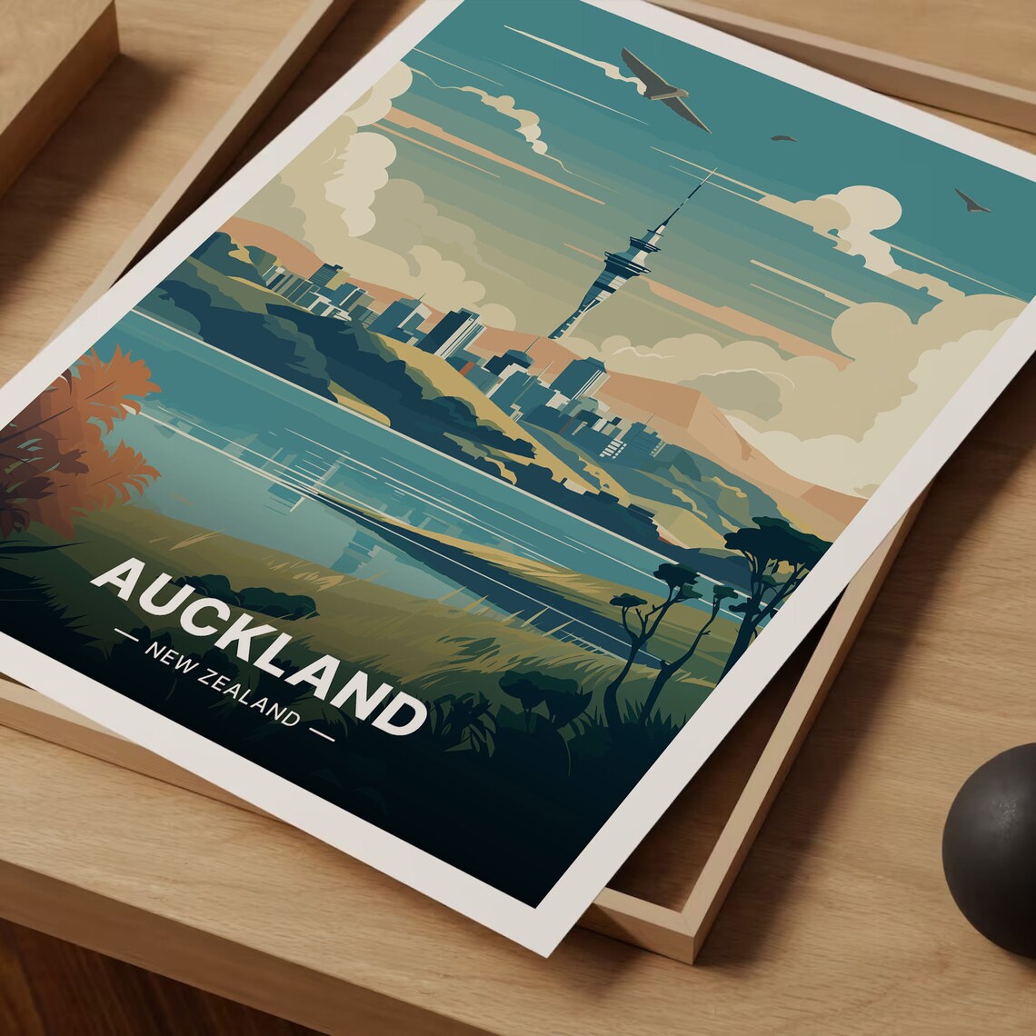 Auckland New Zealand Travel Poster Sky Tower Harbor Planes Art - Image 3