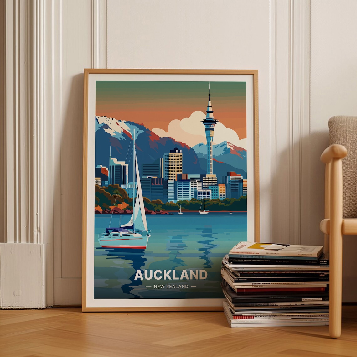 Auckland New Zealand Sky Tower Sparkling Harbor Retro Travel Poster