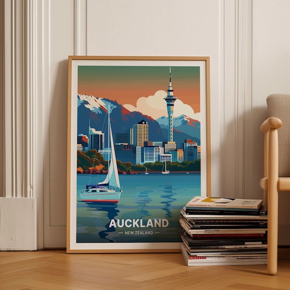 Auckland New Zealand Sky Tower Sparkling Harbor Retro Travel Poster