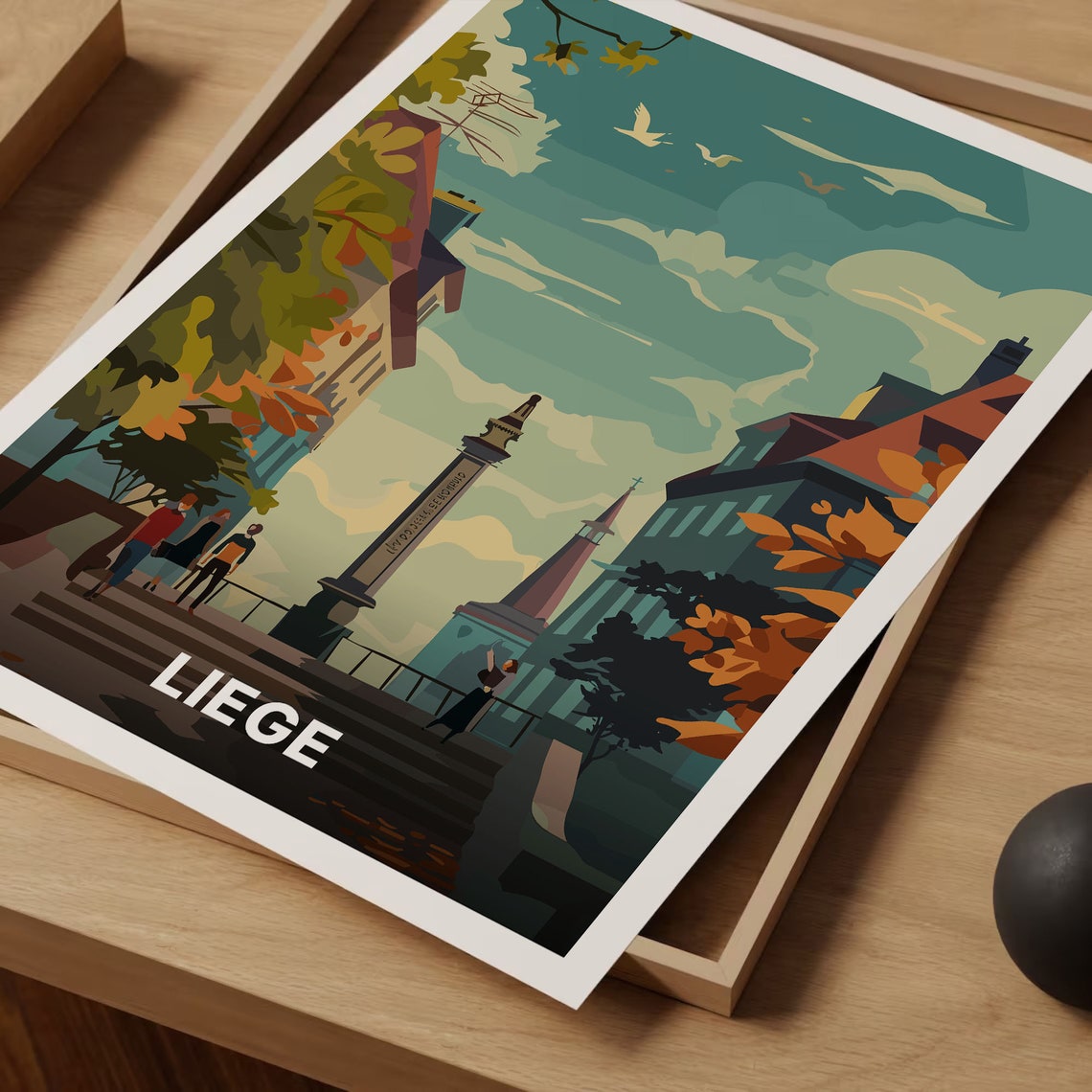 Liege Belgium Old Town Column Monument Riverside Vintage Travel Poster - Image 3