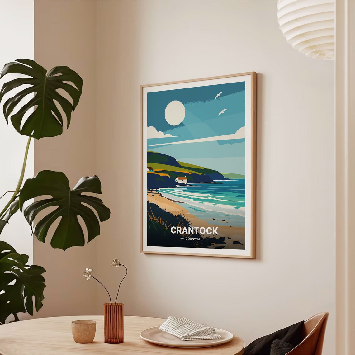 Crantock Cornwall Sunny Beach Coastal Cliffs Retro Travel Poster - Image 2
