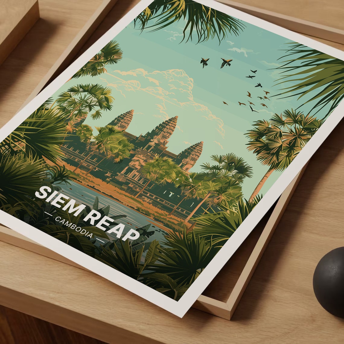 Siem Reap Cambodia Angkor Wat Temple Palm Trees Vintage Travel Poster - Image 3