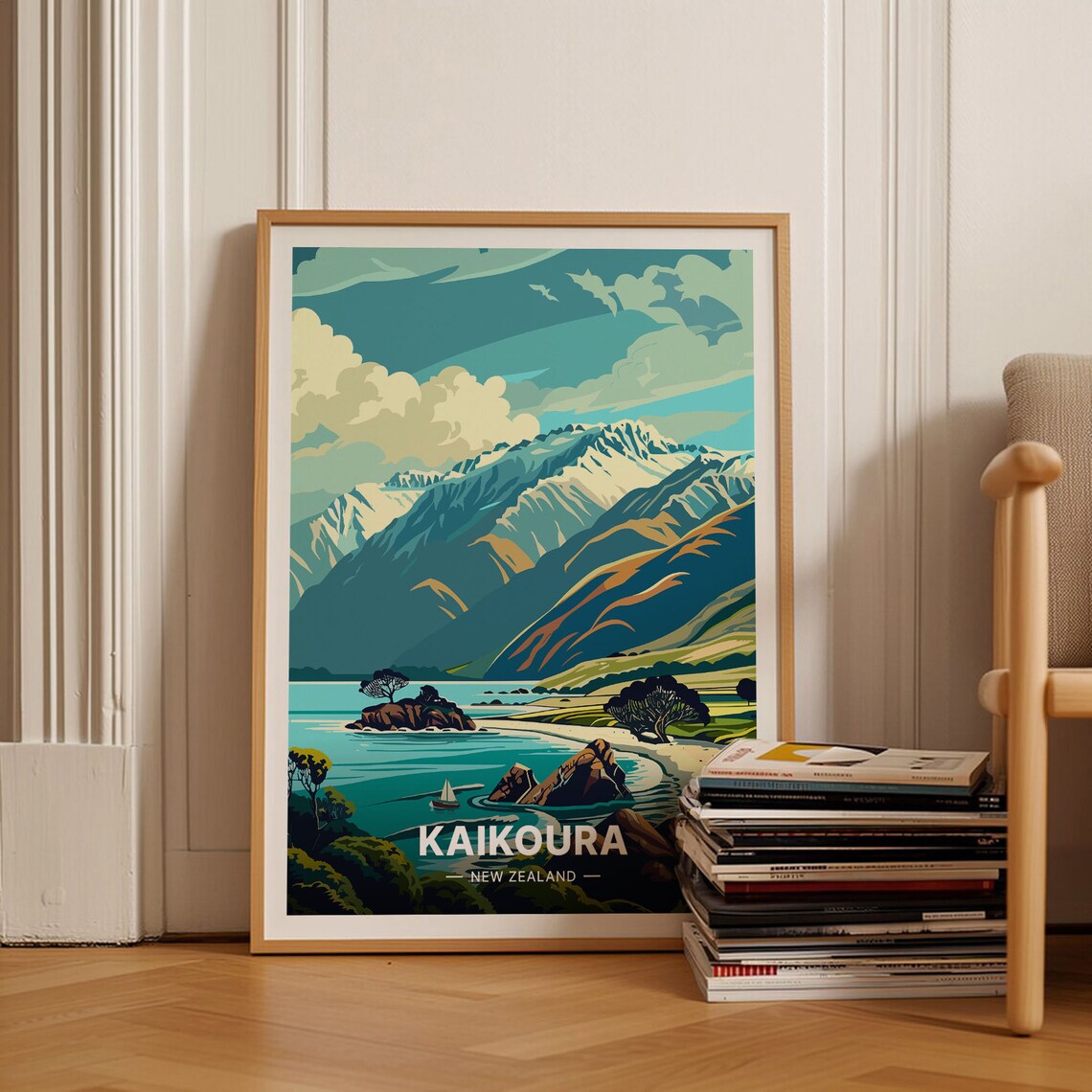 Kaikoura New Zealand Travel Poster, Scenic Landscape Art Print