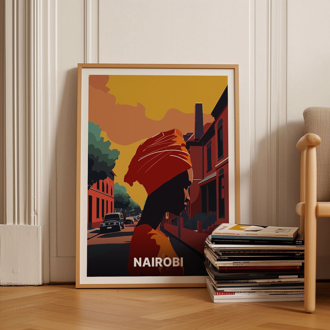 Nairobi Kenya Travel Poster City Street Sunset Silhouette Woman Art