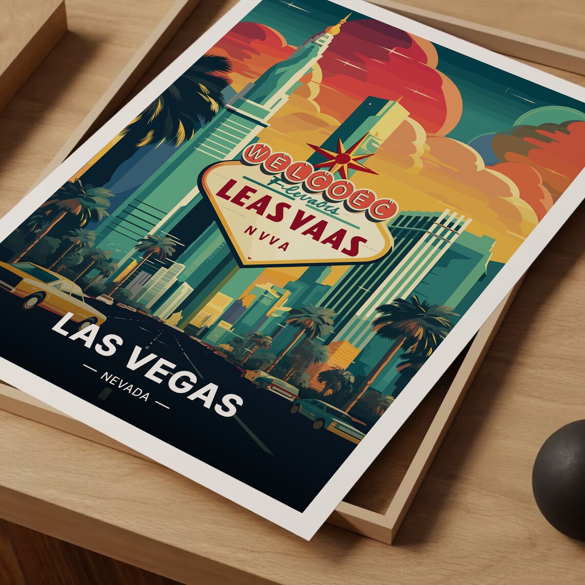 Las Vegas Nevada Welcome Sign Skyline Palms Night Travel Poster - Image 3