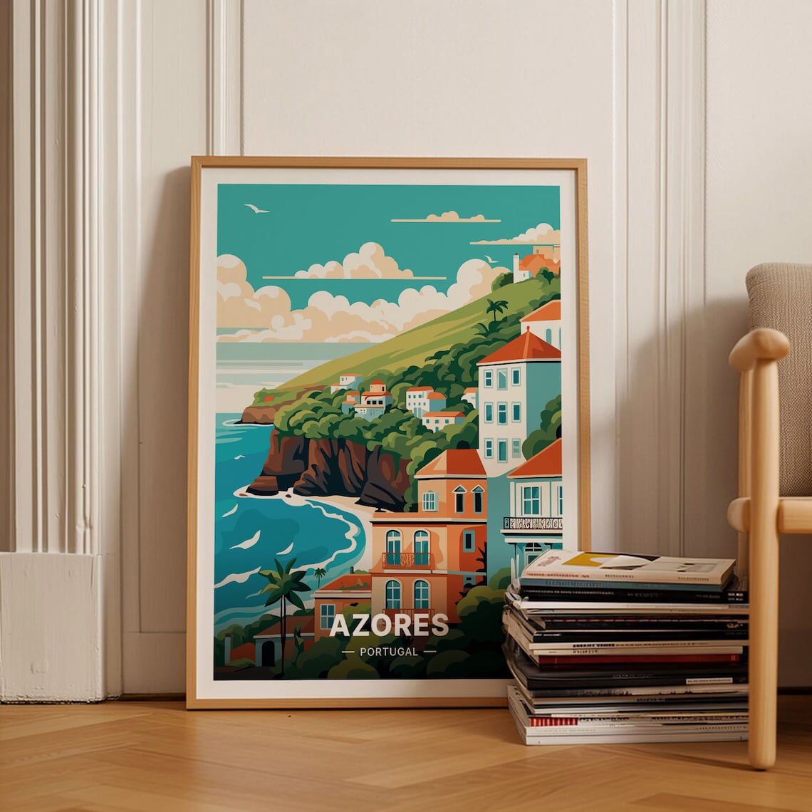 Azores Portugal Coastal Cliffs Village Atlantic View Travel Poster