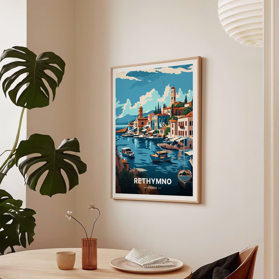 Rethymno Greece Harbor Church Towers Boats Old Town Scene Poster - Image 2