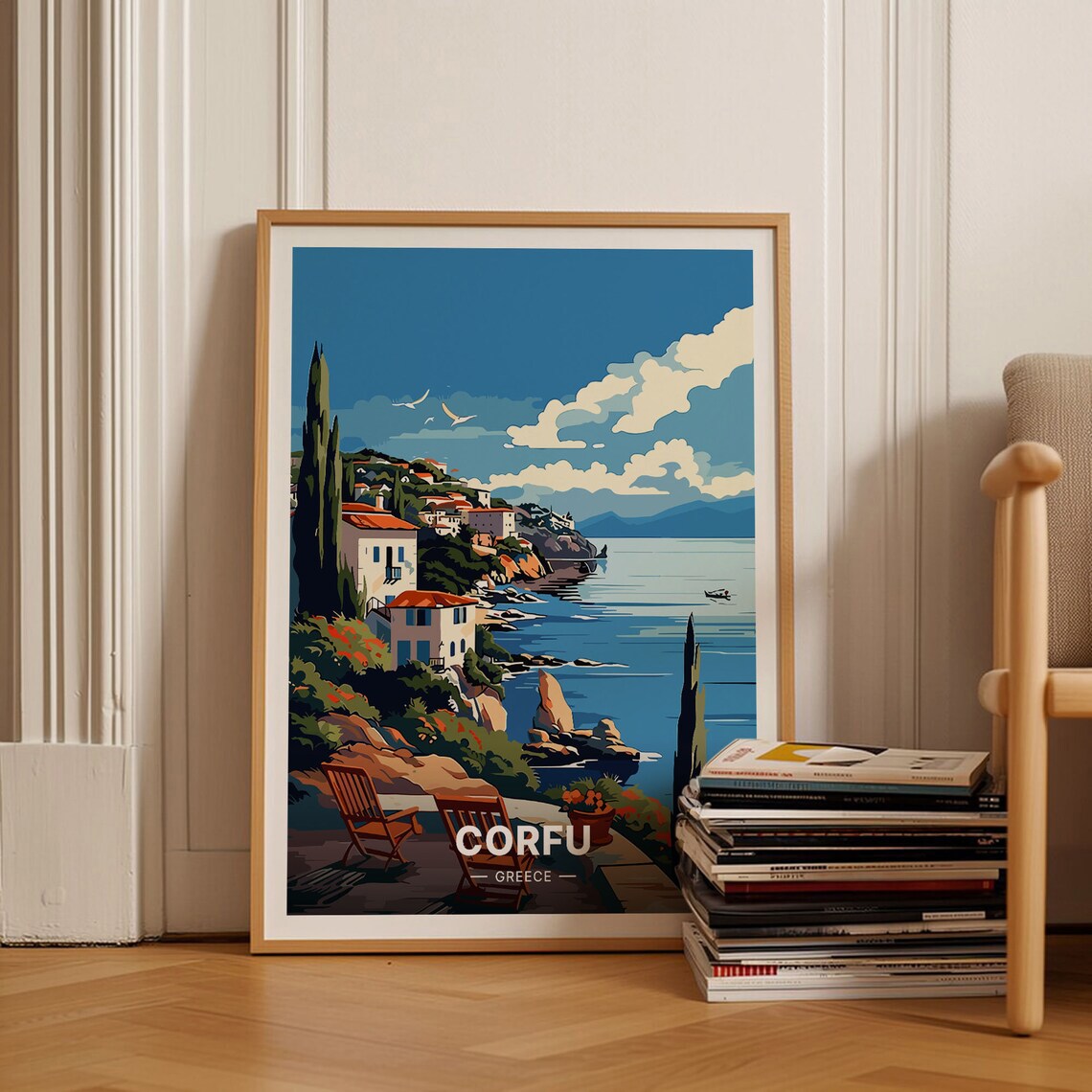 Corfu Greece Coastal Village Terrace Sea View Cypress Island Poster