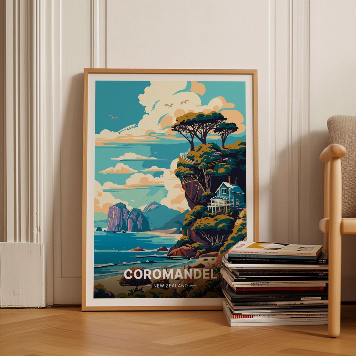 Coromandel New Zealand Coastal Cliffs Sea Stacks Vintage Poster