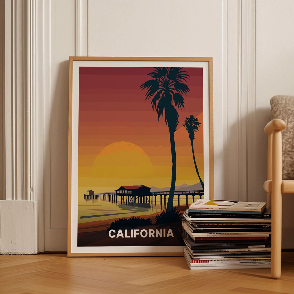 California Beach Pier Palm Trees Sunset Vintage Travel Poster