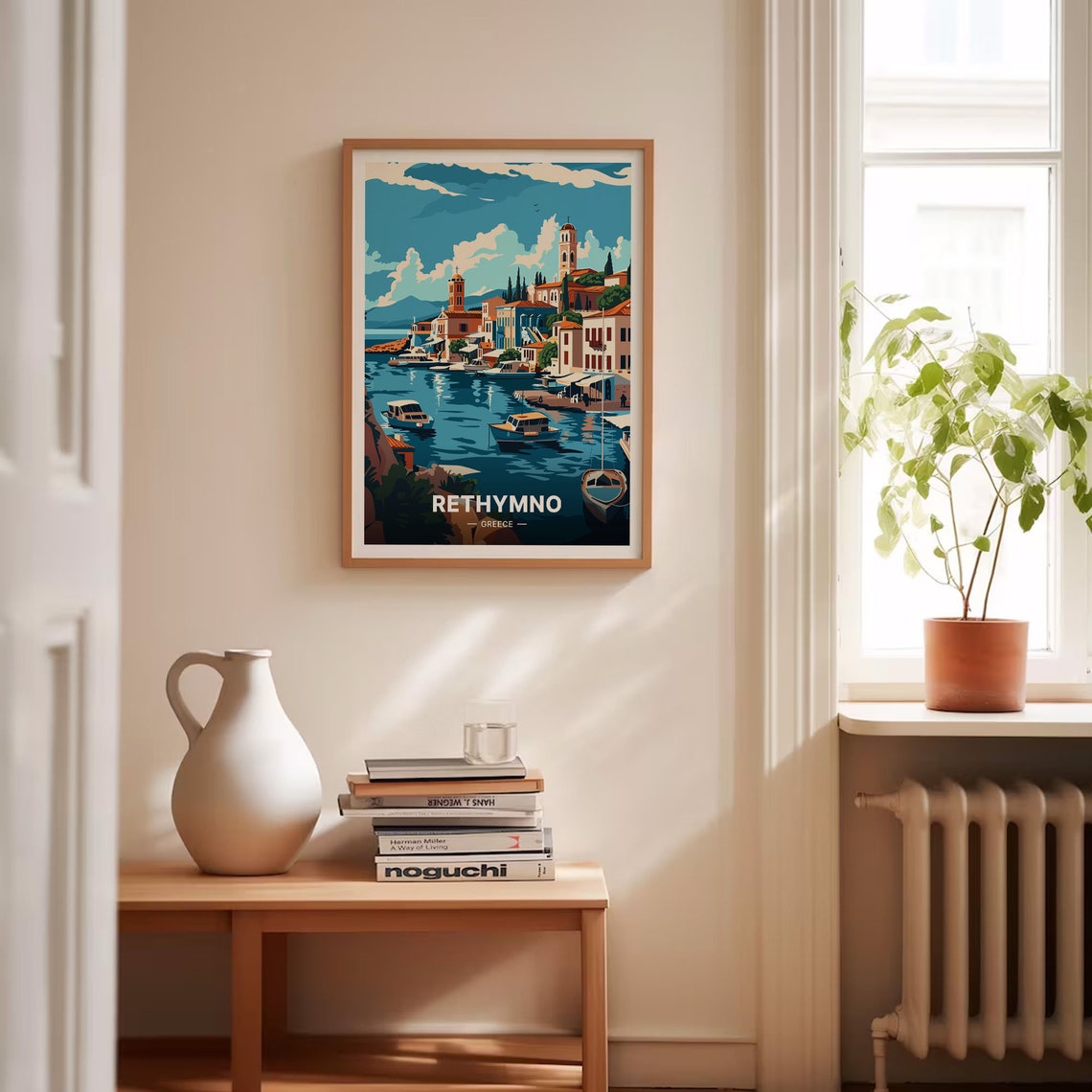 Rethymno Greece Harbor Church Towers Boats Old Town Scene Poster - Image 4
