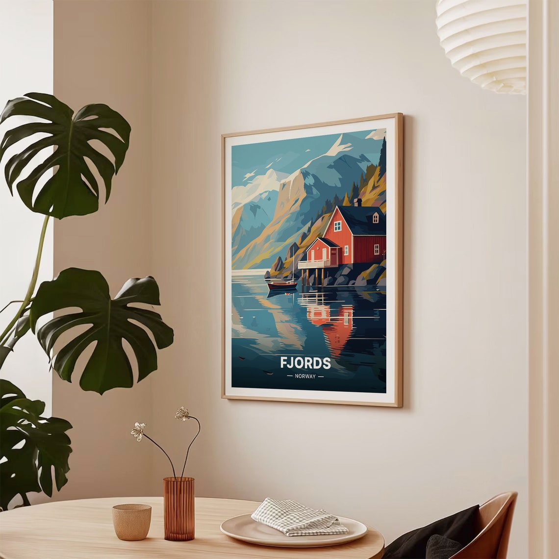 Norwegian Fjords Red Cabin Mirror Water Snowy Peaks Travel Poster - Image 2