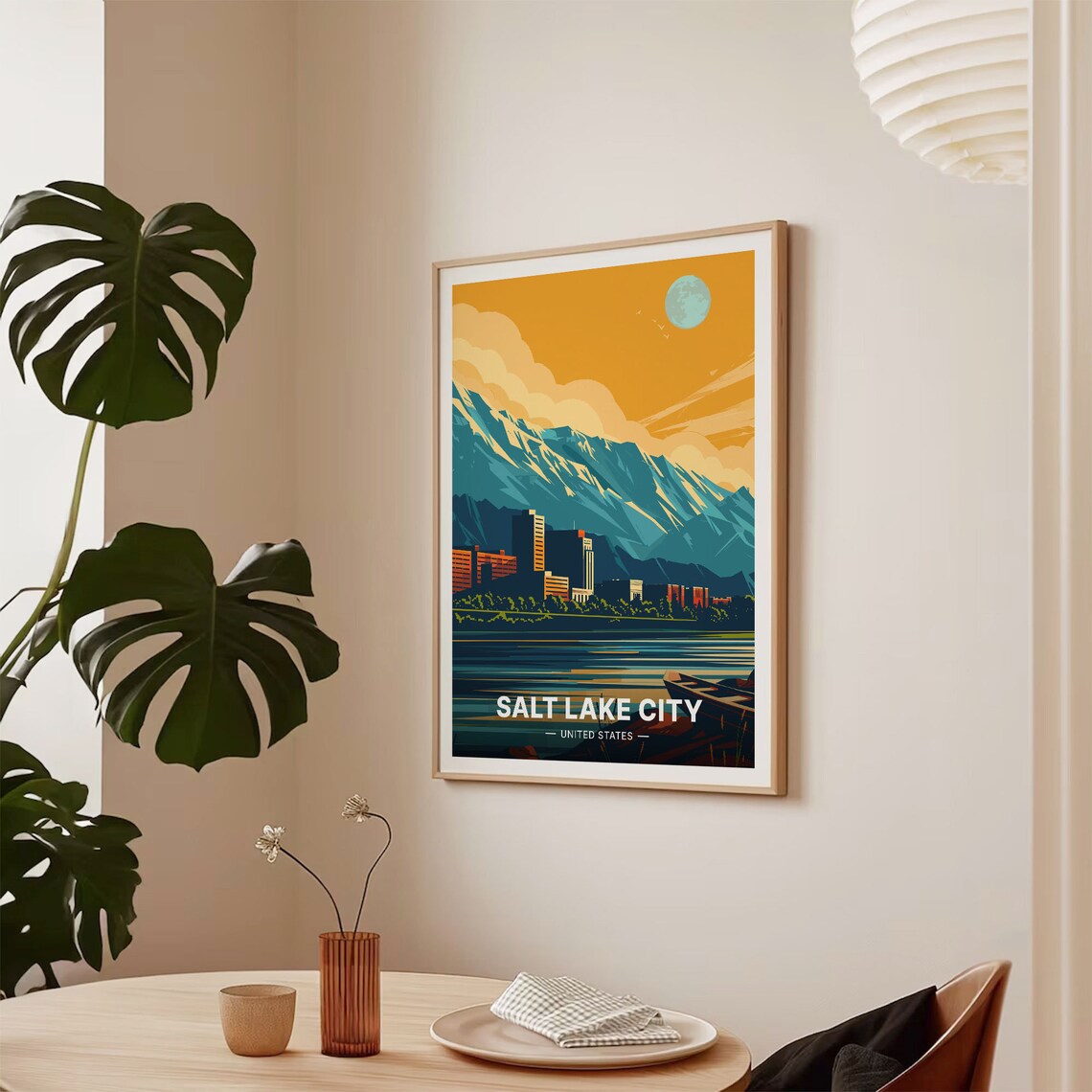 Salt Lake City Utah Mountains Lake Moon Retro Vintage Travel Poster - Image 2