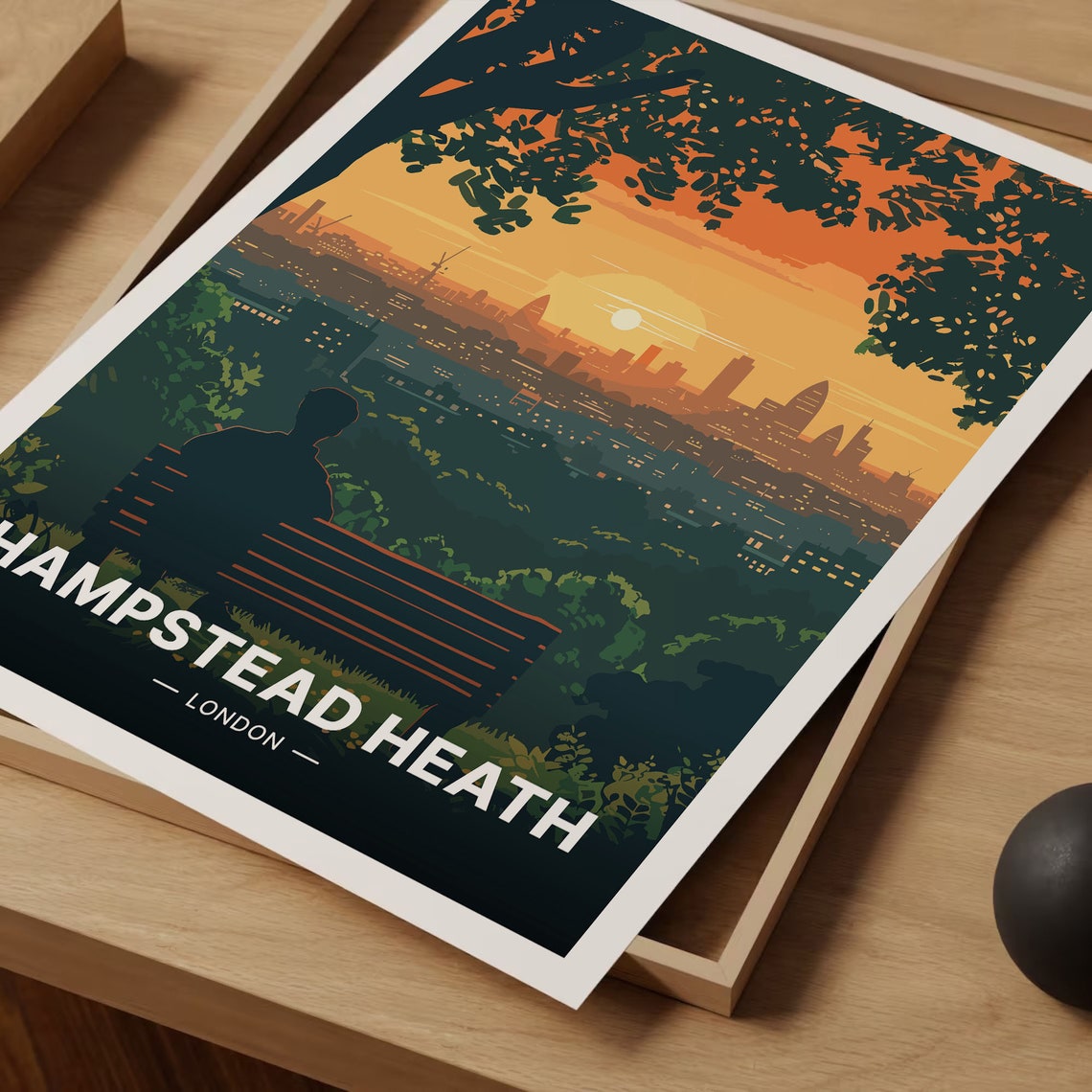 Hampstead Heath London Sunset Skyline Silhouette Bench Nature Poster - Image 3