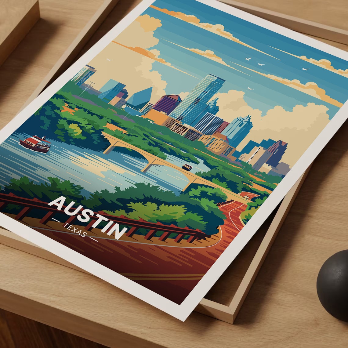Austin Texas Vintage Travel Poster Downtown Skyline River Bridge Art - Image 3