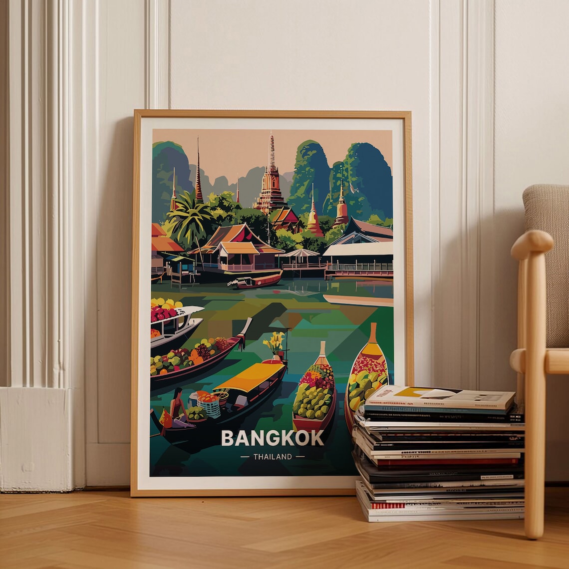 Bangkok Skyline and Floating Market Travel Poster