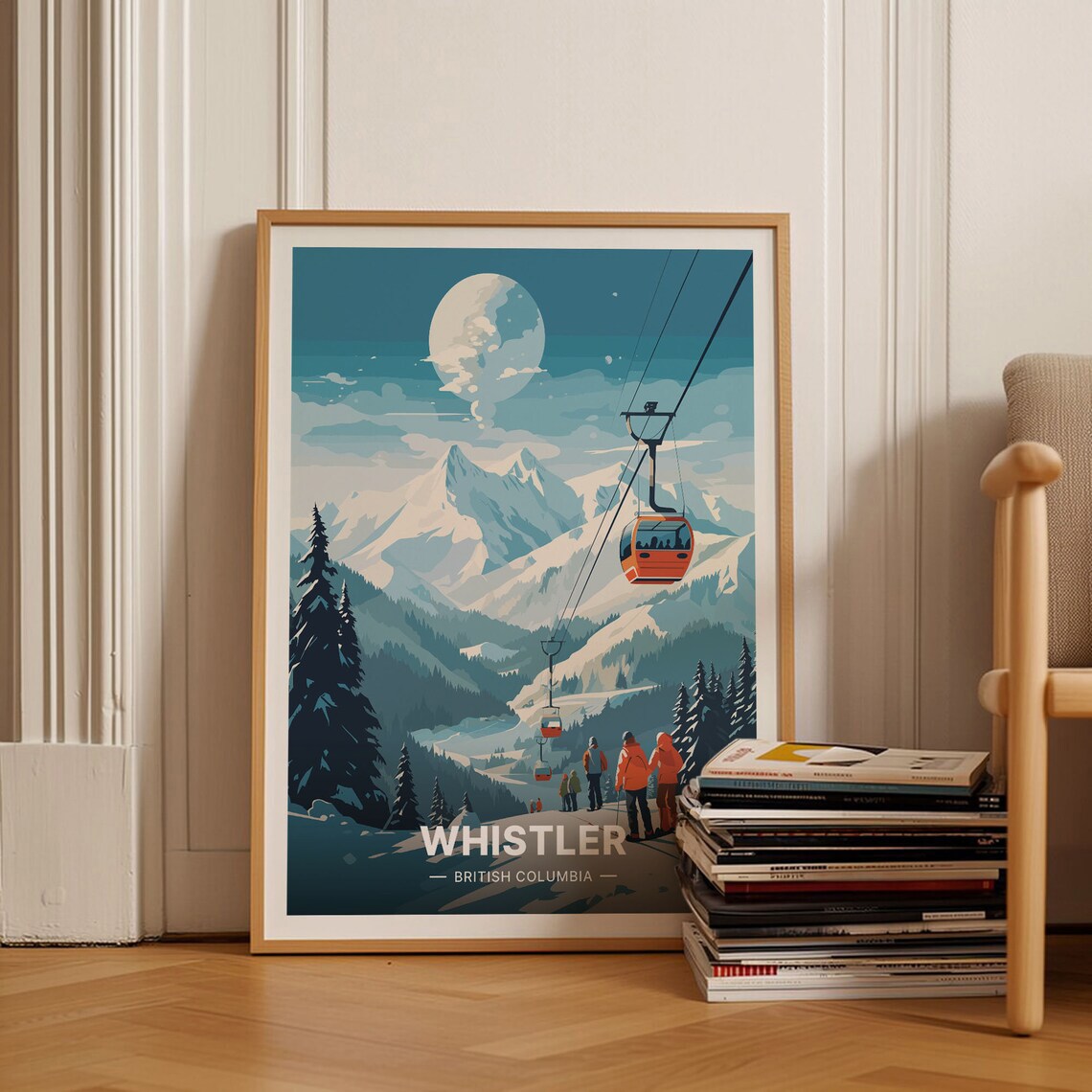 Whistler British Columbia Ski Gondola Peak Moonlight Travel Poster