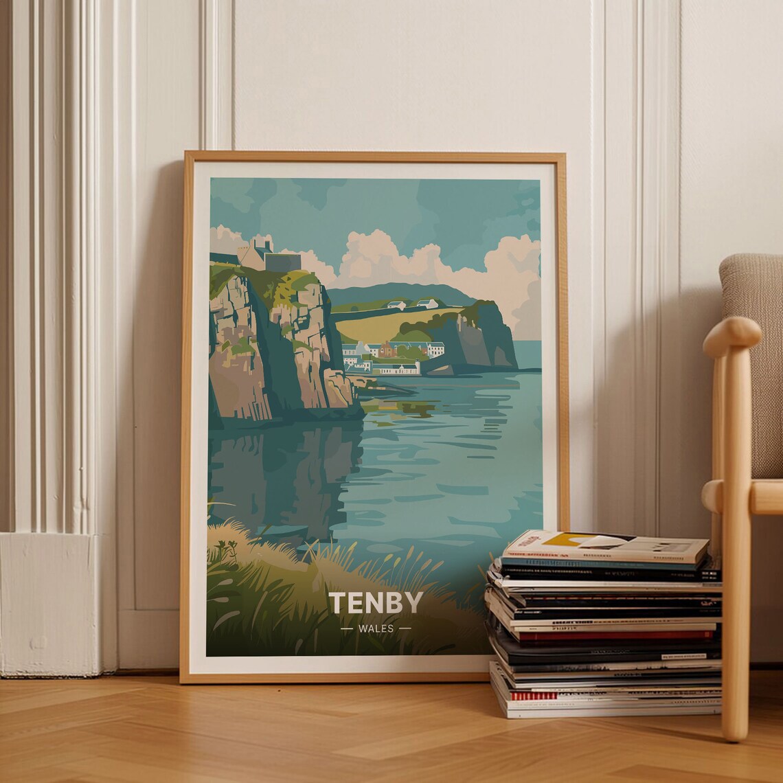 Tenby Wales Coastal Cliffs Castle Retro Seaside Travel Poster