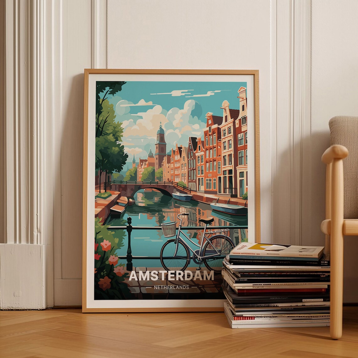 Amsterdam Canal Bicycle Gabled Houses Netherlands Travel Poster