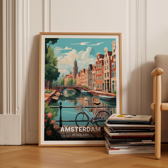 Amsterdam Canal Bicycle Gabled Houses Netherlands Travel Poster