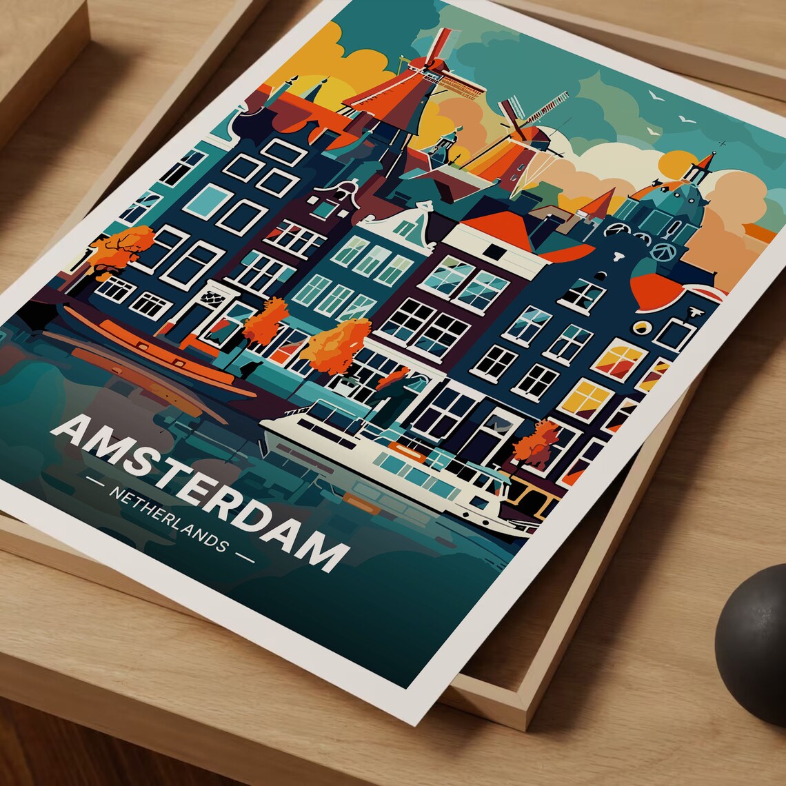Amsterdam Travel Poster, Holland Cityscape Art Print - Image 3