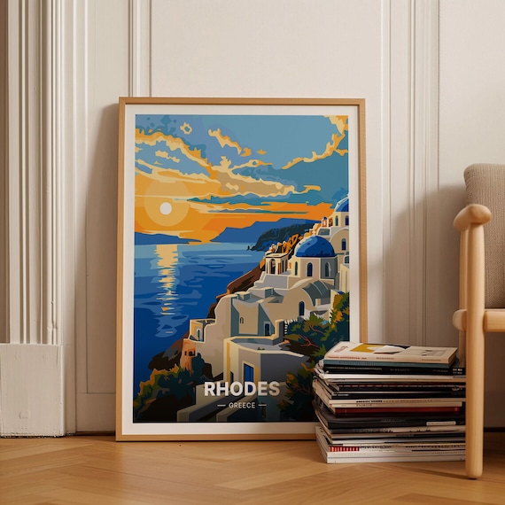 Rhodes Greece Whitewashed Village Blue Domes Sunset Sea View Travel Poster