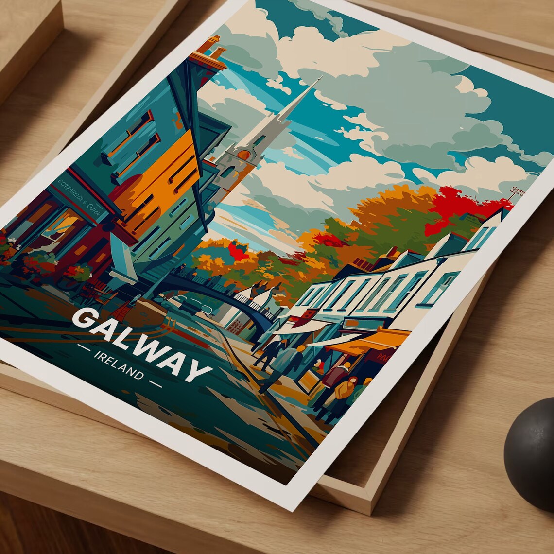 Galway Ireland Travel Poster Colorful Street Church Spire Retro Art - Image 3