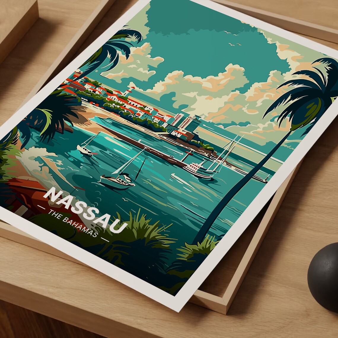 Nassau Bahamas Harbor Sailboats Palm Trees Tropical Travel Poster - Image 3